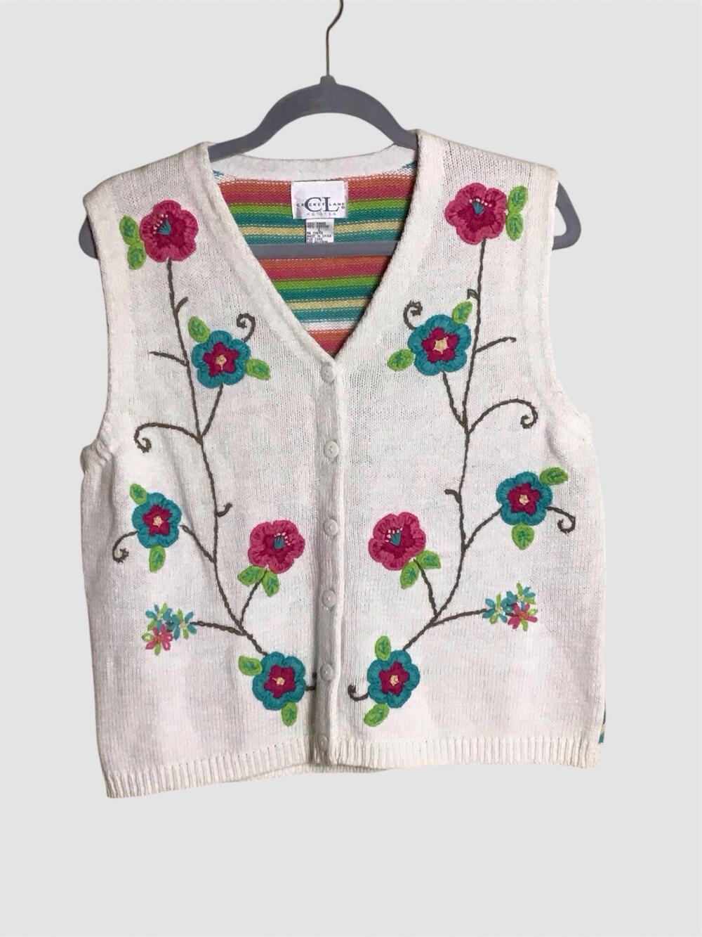 Cricket Lane White Vintage Floral & Striped Sweater Vest Sz. LrgP